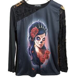 Trendimax day of the dead girl graphic one lace long sleeve shirt woman's size M